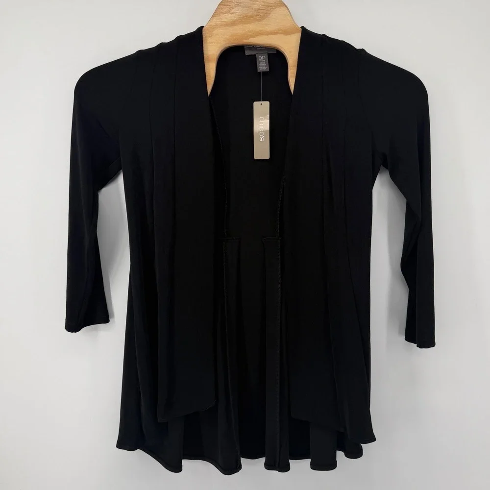 Chico's‎ Cardigan Womens 0P Black Travelers Open Front 3/4 Sleeve Jacket Petite